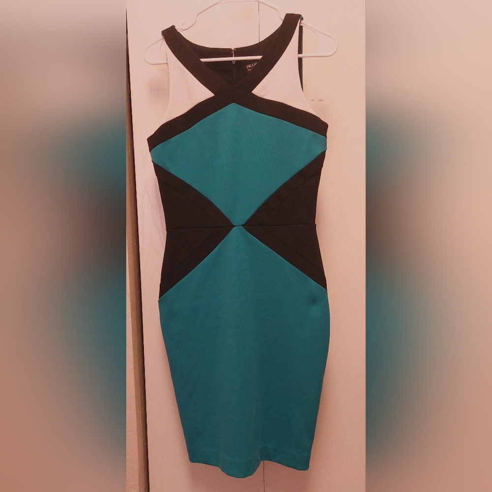 Nicole Miller Aqua Black White Sleeveless Pencil Dress Size Small Color Block